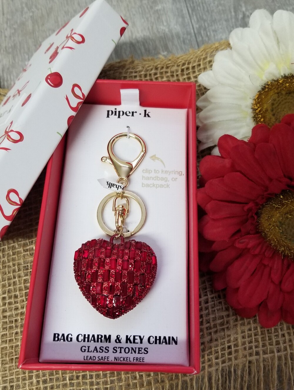 piper•k heart bag charm W/glass stones